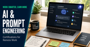 AI and prompt engineering certifications for remote work, laptop showing an AI chat and automation flow
