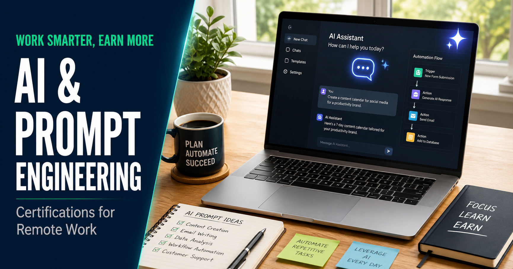 AI and prompt engineering certifications for remote work, laptop showing an AI chat and automation flow