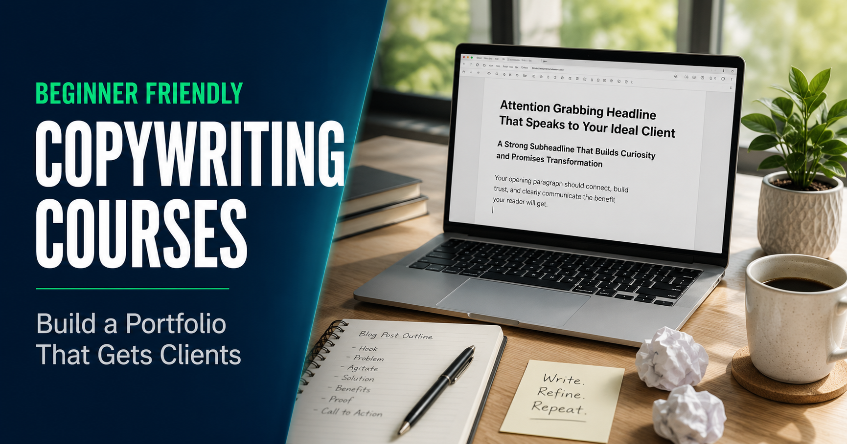 Beginner copywriting courses to build a portfolio, laptop with headlines on a writing desk
