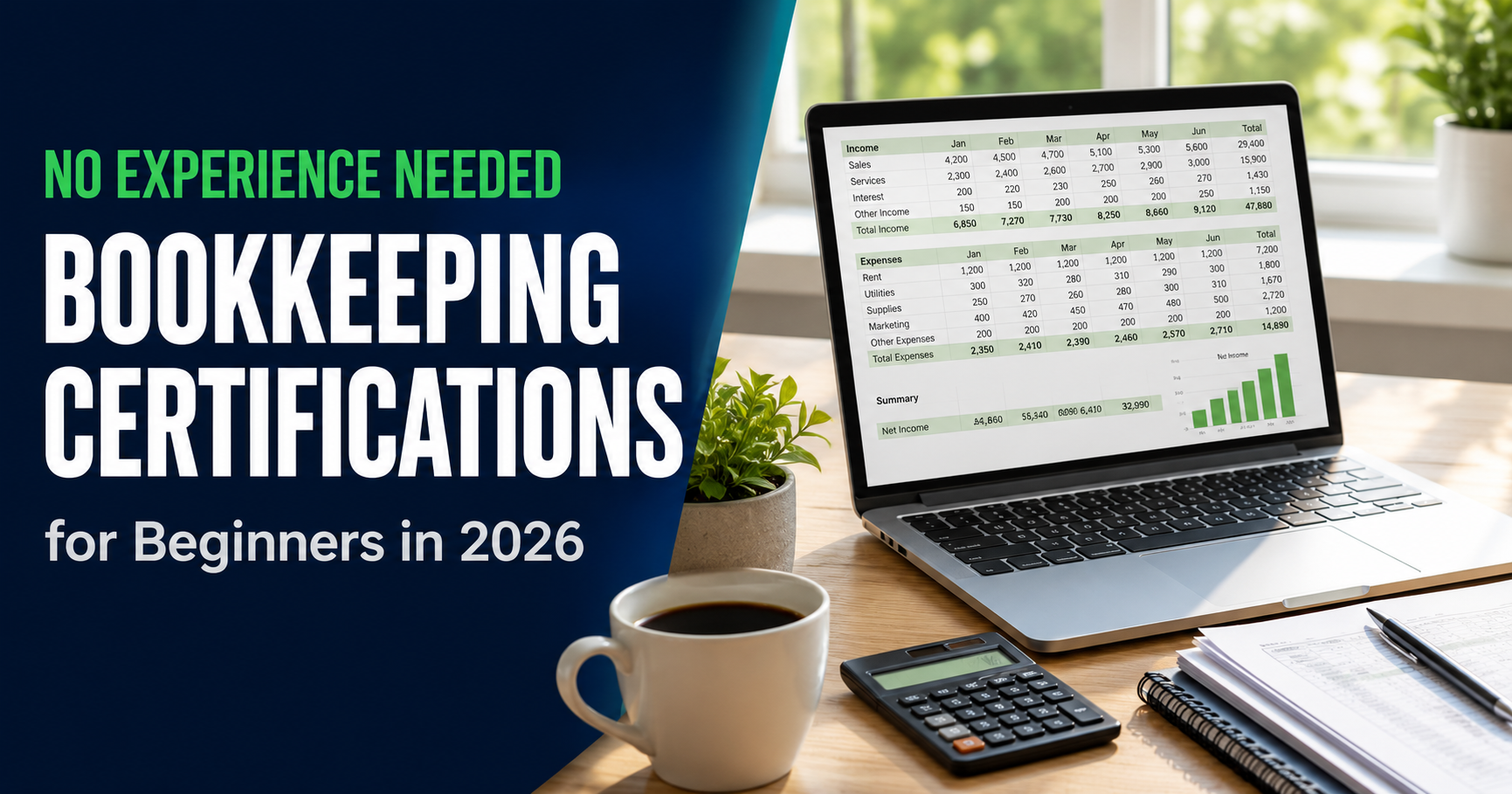 Bookkeeping certifications for beginners laptop with spreadsheet on a home desk