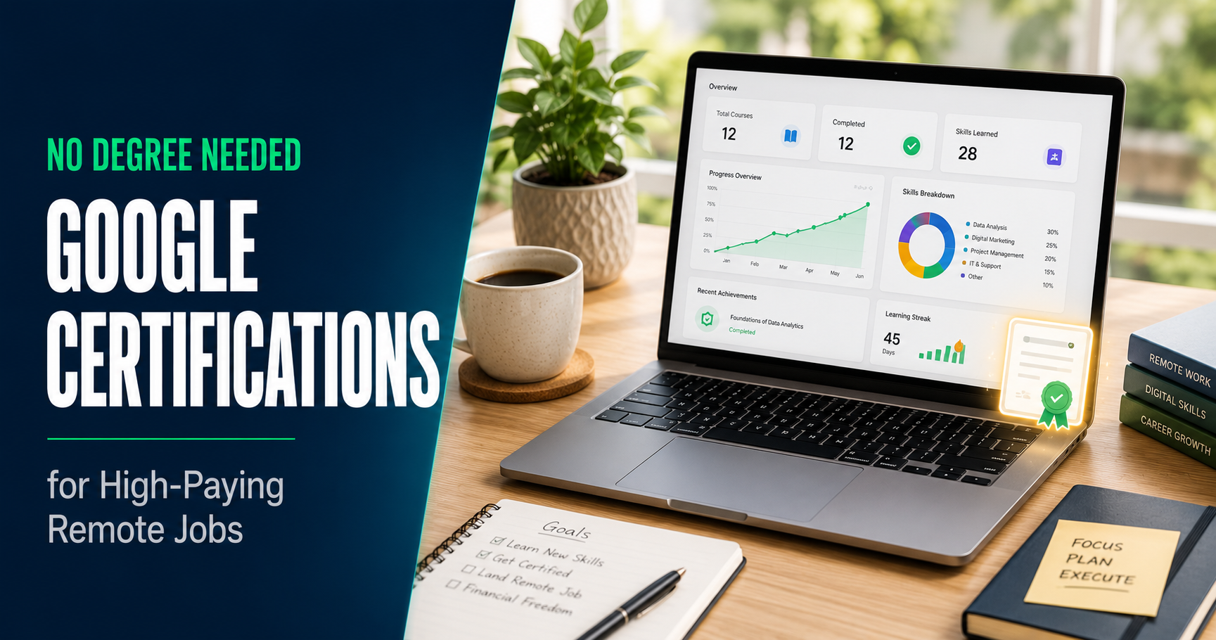 Google certifications for high-paying remote jobs, laptop with data dashboard on a home desk