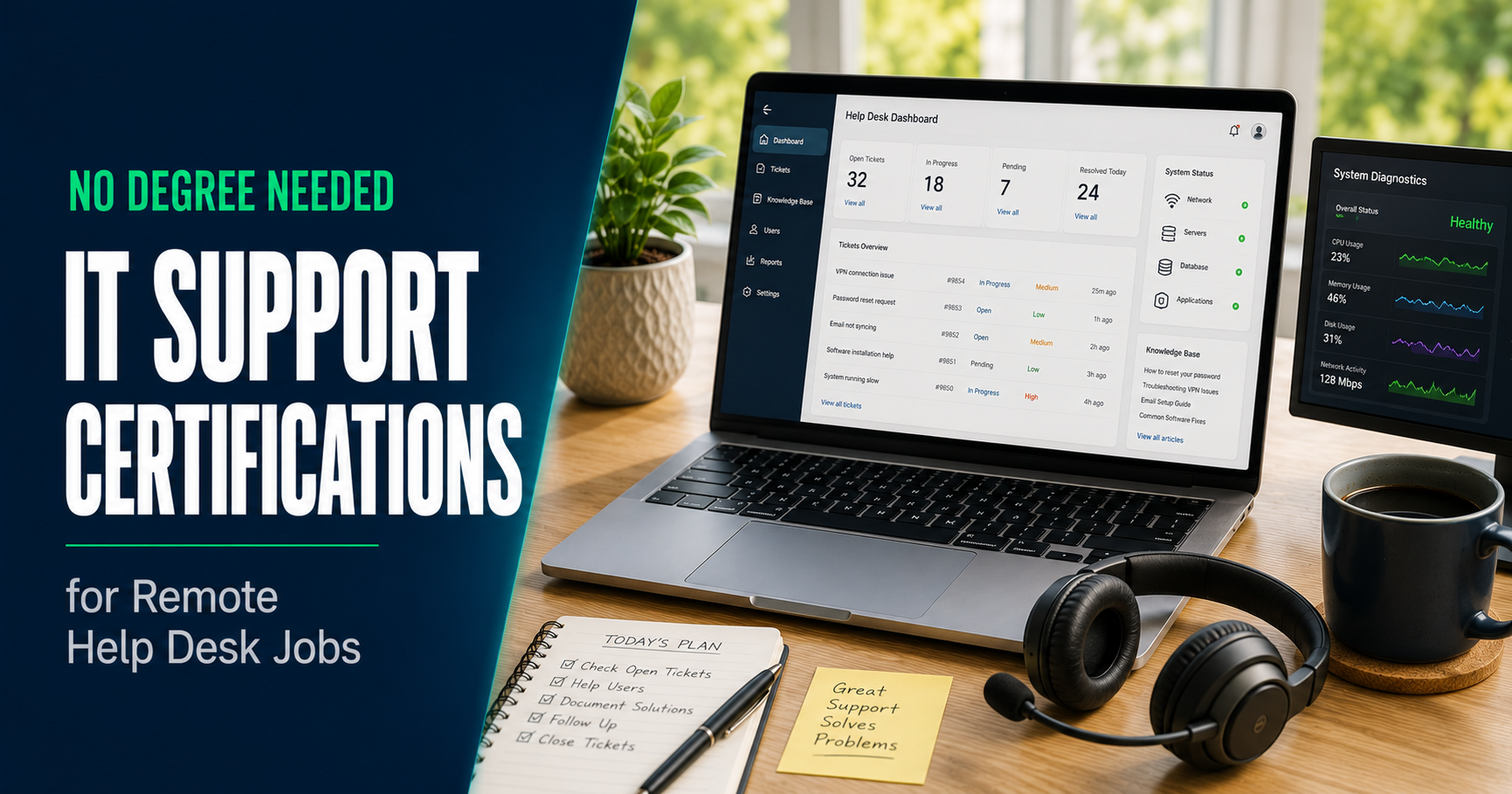 IT support certifications for remote help desk jobs, laptop with help desk dashboard and headset