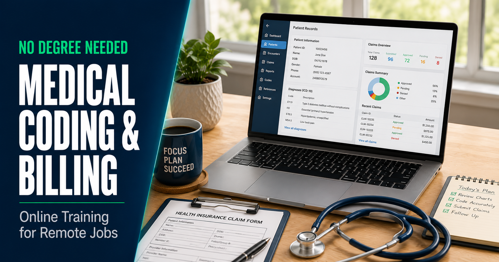 Medical coding and billing online training for remote jobs, laptop with medical records and stethoscope on a desk