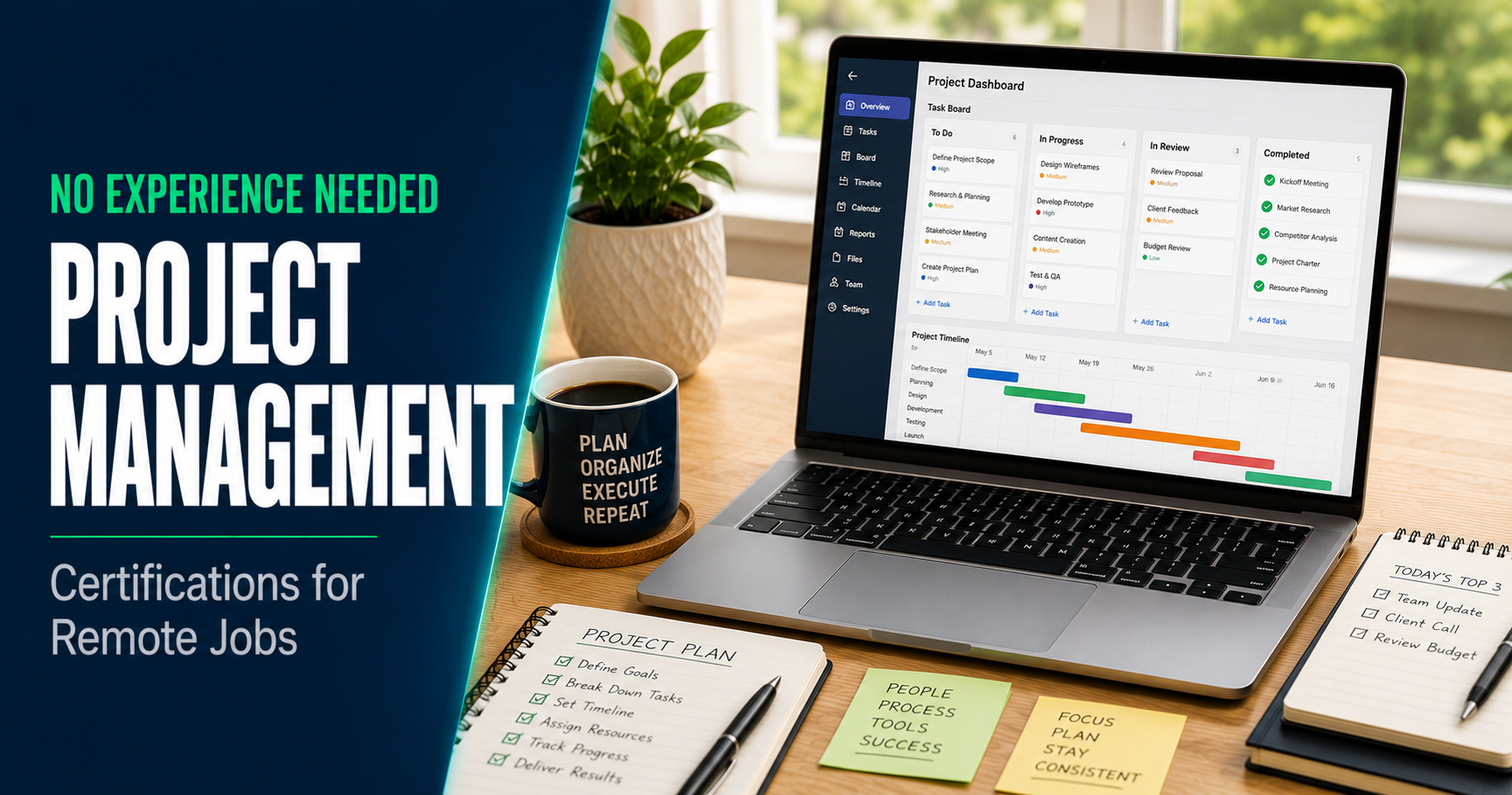 Project management certifications for remote jobs, laptop with a task board and timeline on a desk