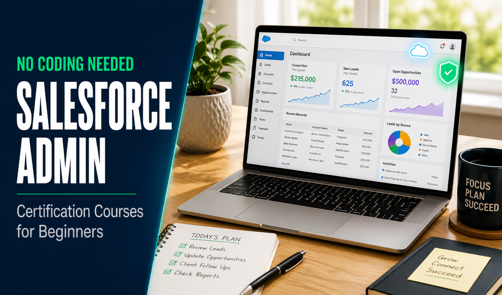 Salesforce Admin certification courses for beginners, laptop with CRM dashboard on a home desk
