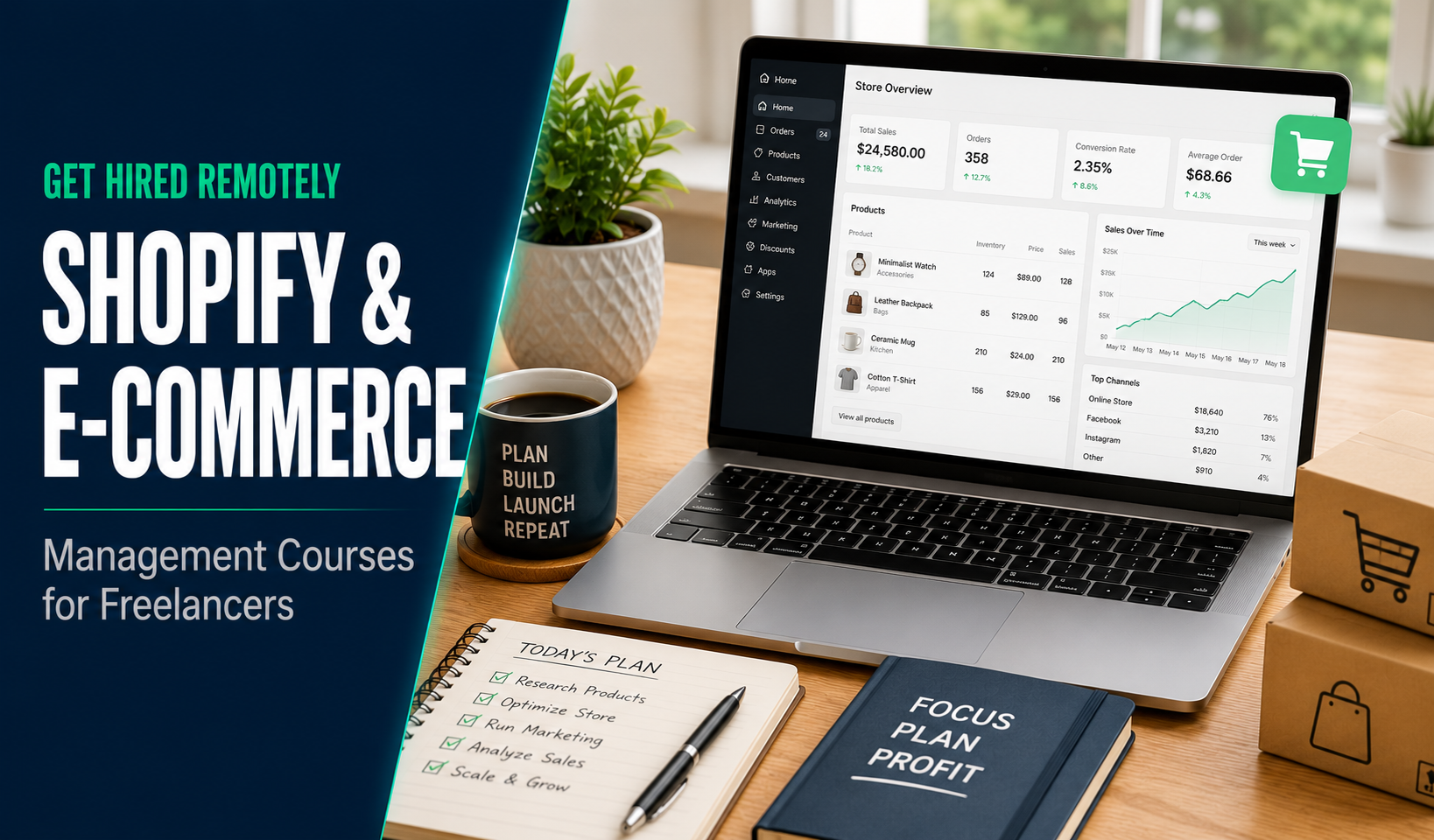 Shopify and e-commerce management courses for freelancers, laptop showing a store admin dashboard