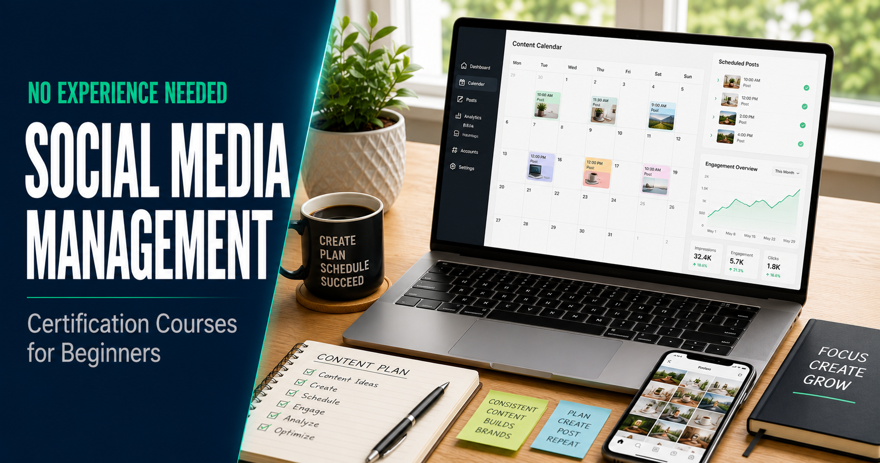 Social media management certification courses for beginners, laptop showing a content calendar and scheduling dashboard