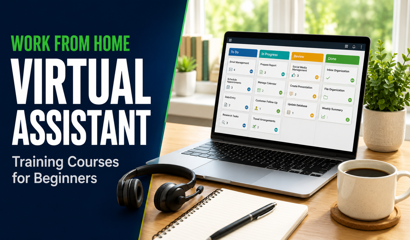 Virtual assistant training courses for beginners, laptop with task board on a home desk