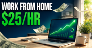 Work from home setup with laptop showing rising earnings, representing remote jobs hiring beginners in 2026